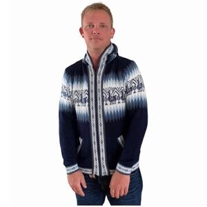 Alpaca Connection Cardigan Mens L Blue‎ Peru Winter Warm Wool Apres Ski Layering